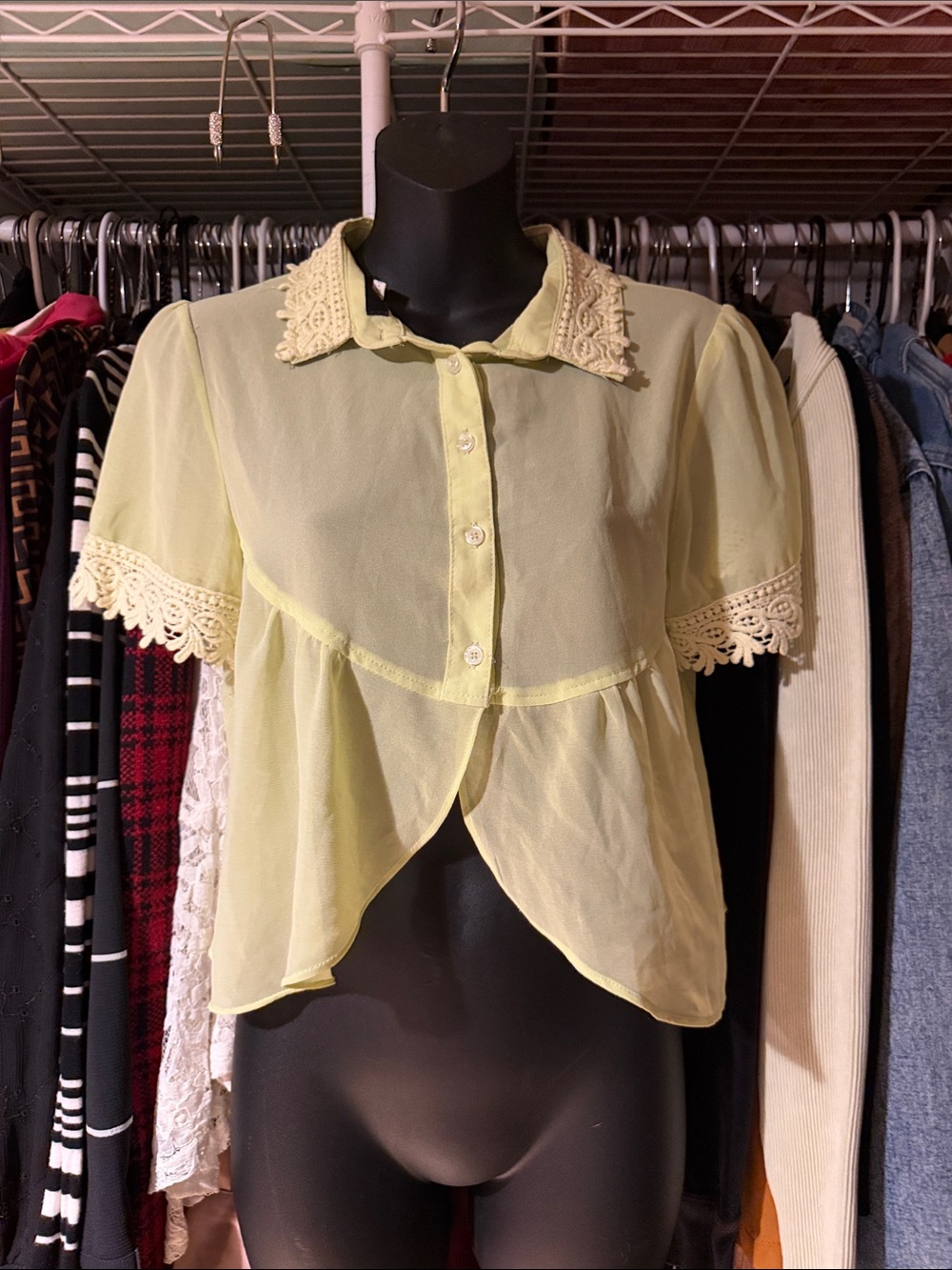 Lace-Trim Pale Yellow Short Sleeve Blouse